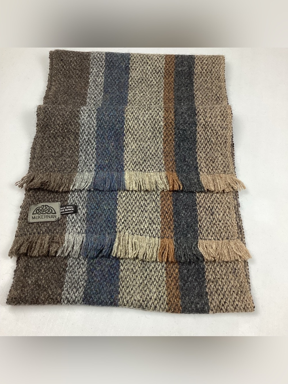 McKernan Wool & Alpaca Striped Fringed Scarf Made In Ireland Unisex